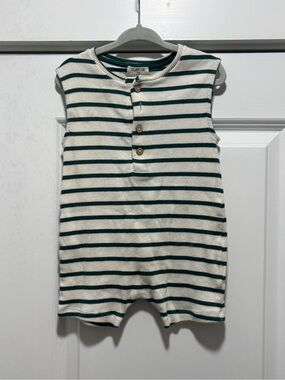 Cream & Green Striped Sleeveless Baby Romper